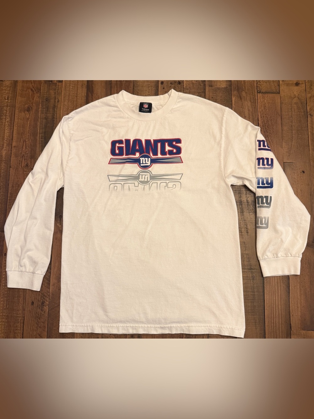 NFL New York Giants White Long Sleeve Shirt with Blue and Red Graphics